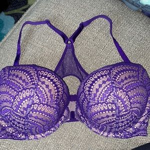 Victoria’s Secret push-up bra, purple lace, front closure, racerback, underwire